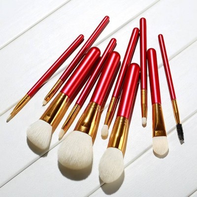 Red Wooden Handle 10 Pcs Foundation Brush Set with PP Bag Cosmetic Brushes